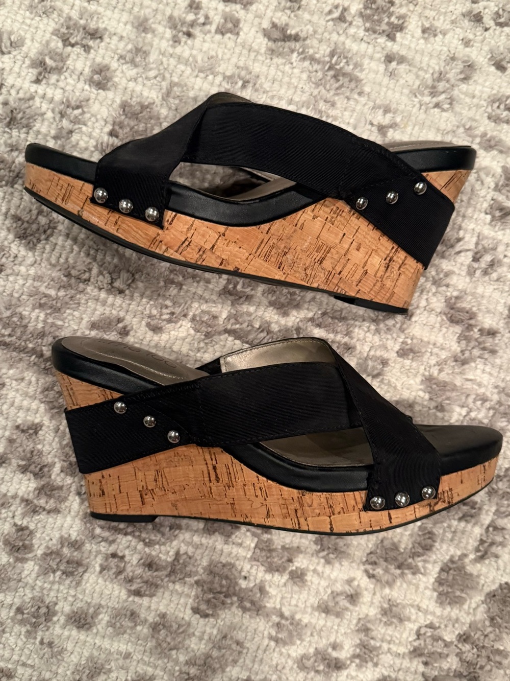 Me Too Black Criss Cross Cork Wedge Sandals